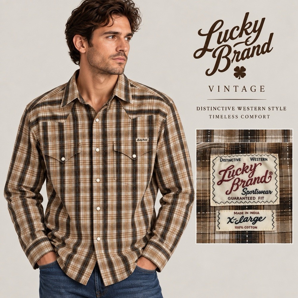 Vintage Lucky Brand Western Shirt Men XL Plaid Long Sleeve Pearl Snap Cowboy